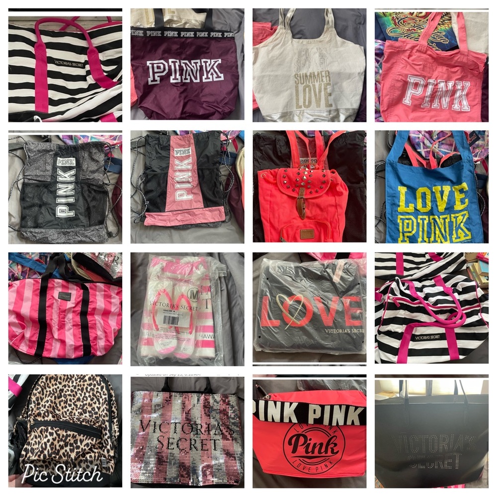 16 AUTHENTIC Victoria’s Secret PINK promotional totes/duffles/backpacks.